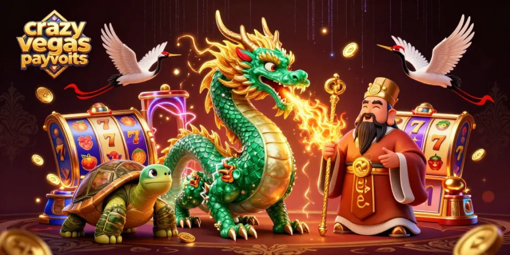 Experience crazy vegas payouts with vibrant dragons, slot reels, and lucky cranes in a dynamic casino scene.