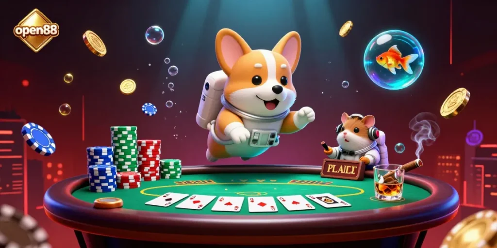 Engage with open88's thrilling environment as a corgi astronaut handles casino gaming in zero gravity.