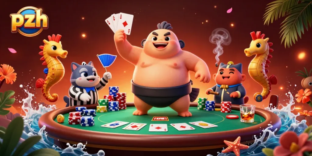 Experience intense gambling at pzh with unique underwater poker showdown featuring colorful chips and lively characters.