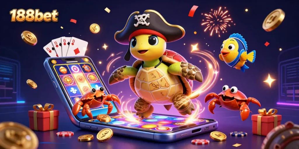 Experience the thrill at 188bet with a dynamic casino scene featuring fun characters and exciting gaming elements.
