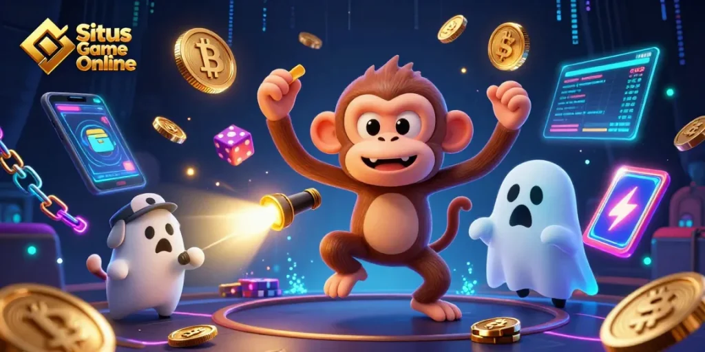 Situs Game Online showcases a lively haunted casino scene with playful ghostly characters and vibrant gaming elements.