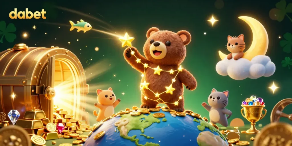 Dabet offers players an exciting experience as a constellation bear collects coins in a magical casino scene.