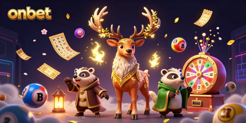 Experience thrilling gaming with onbet's vibrant illustration of fantasy characters surrounded by lottery elements.