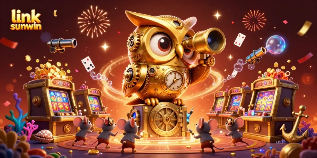 Experience thrilling action with link sunwin as the clockwork owl oversees a bustling casino scene.