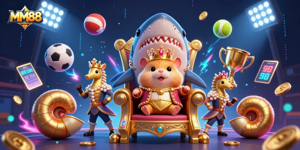 Bet on MM88 with dynamic 3D illustration of a hamster king on a shark throne, sports balls, and gaming elements.