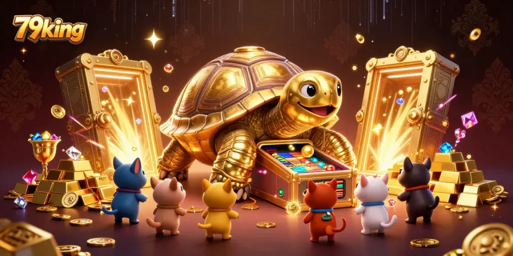 Players enjoying the vibrant atmosphere of 79king casino with golden treasures and excitement.