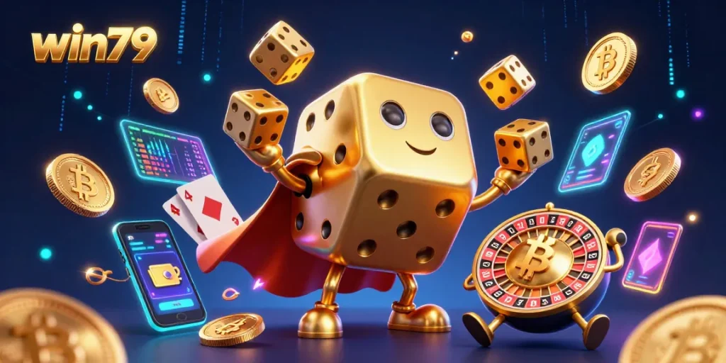 Win79 showcases a vibrant 3D scene of golden dice and crypto elements, highlighting dynamic gameplay.