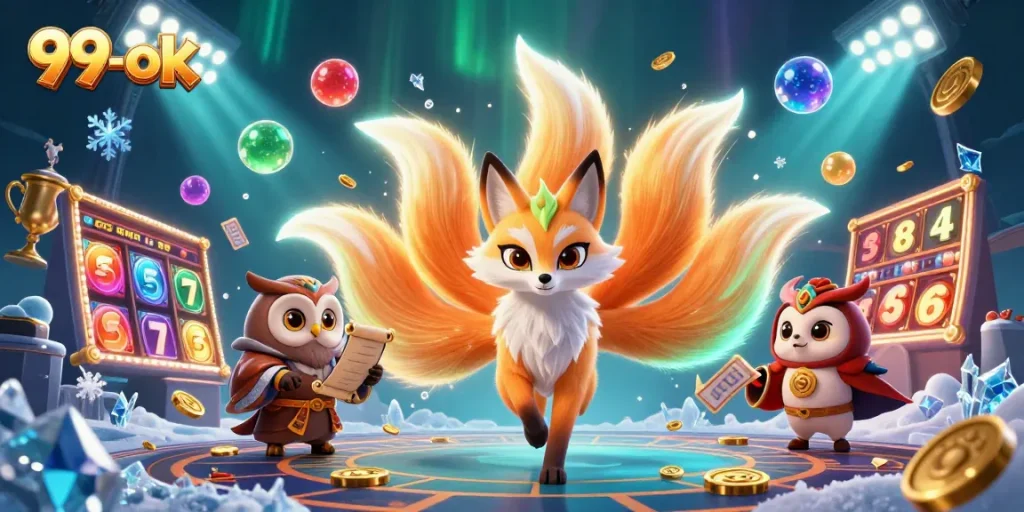 Experience 99-ok's immersive gaming with vibrant scenes of slots, jackpots, and animated characters.