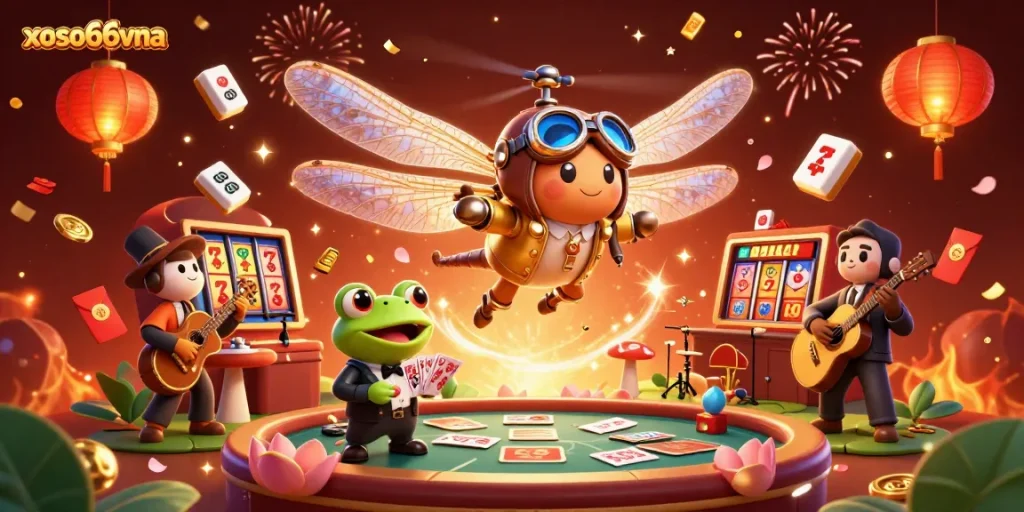 Xoso66vna captivating casino scene with a dragonfly pilot, frog croupier, and jazzy cricket musicians.