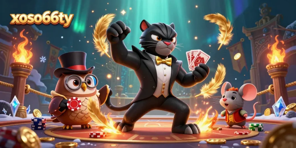 Experience thrilling card dealing at xoso66ty with an elegant panther and a wise owl, amid vibrant casino elements.