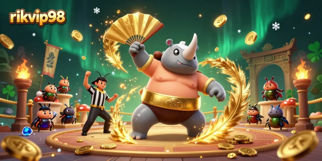 Experience thrilling gameplay with rikvip98 at an Asian casino featuring sumo beetles.