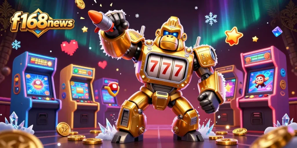 Engage with the vibrant scene in f168news showcasing a golden gorilla mech and dynamic casino elements.