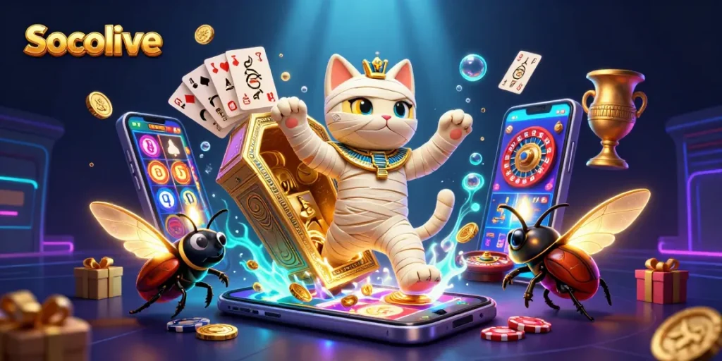 Socolive brings excitement with a cartoon mummy casino scene showcasing vibrant slot games and rich decorations.