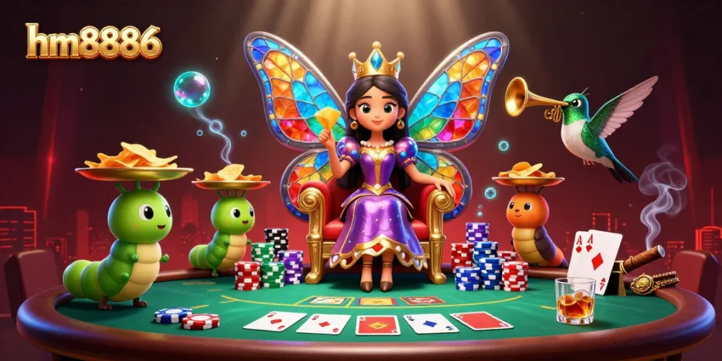 Experience the excitement with hm8886 in an immersive 3D casino setting filled with vibrant game elements.