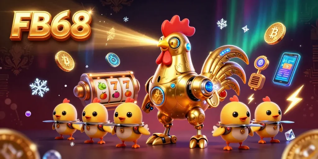 Experience thrilling jackpots at FB68 with a golden rooster robot and cartoon drones in a vibrant casino scene.