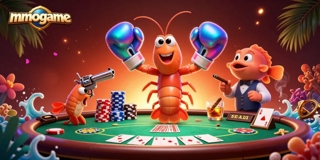 mmoogame showcases the vibrant poker scene with 3D cartoon shrimp characters immersed in dramatic gameplay.