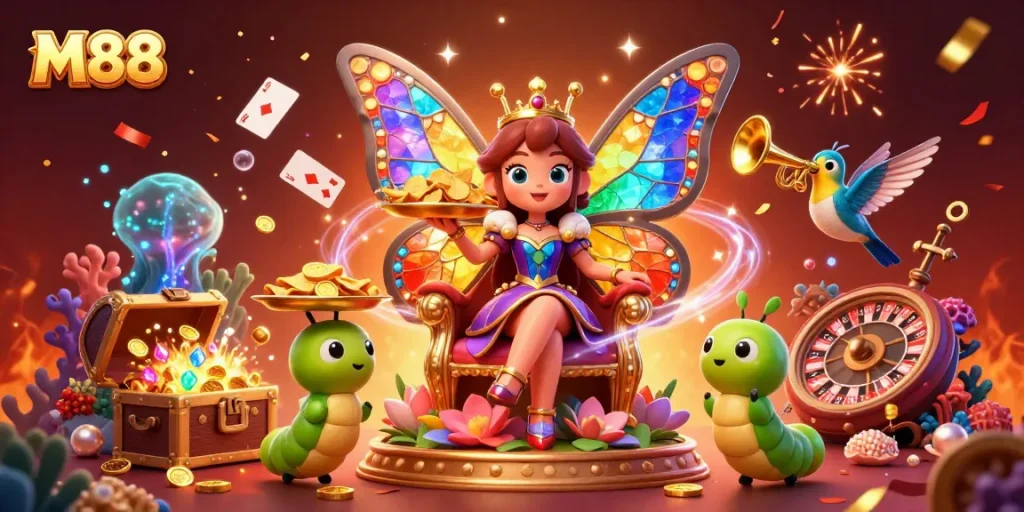 M88 casino experience with vibrant 3D illustration of a butterfly queen among golden chips and casino elements.