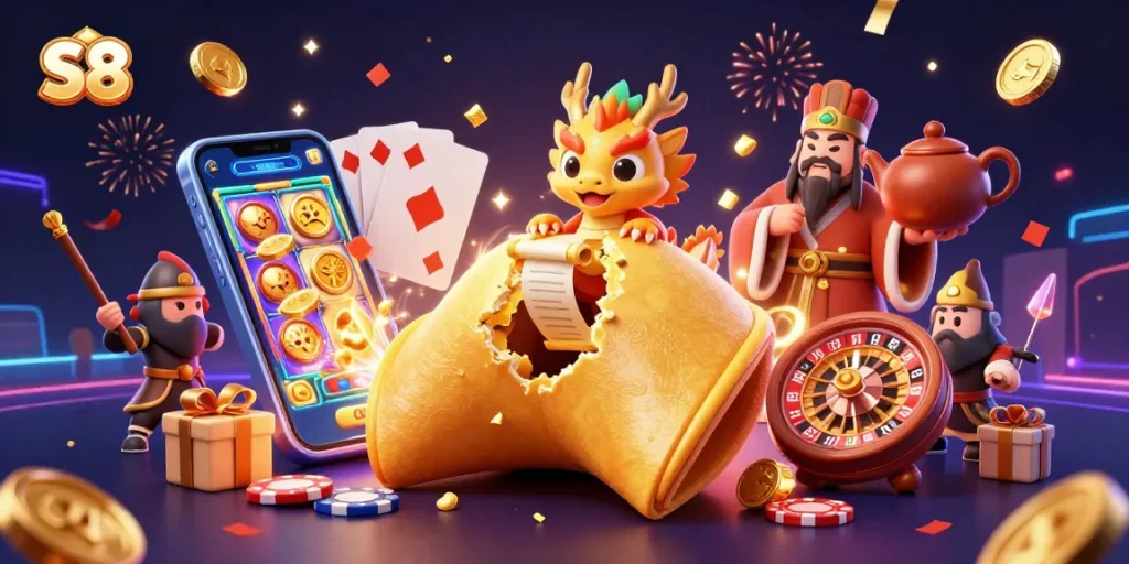 S8 empowers players with a fortune cookie adventure amidst thrilling slot games and gold coins.