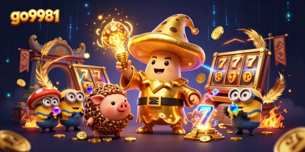 Engage in thrilling gameplay with go9981's enchanting wizard and treasure hunting pig in this vibrant casino scene.