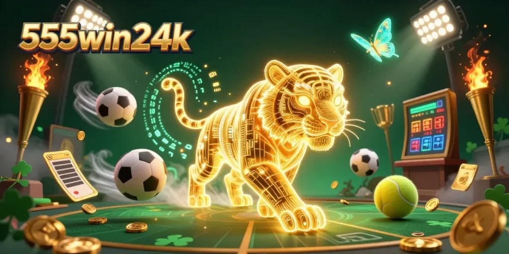 Experience thrilling gameplay at 555win24k with golden tiger amidst sports elements.