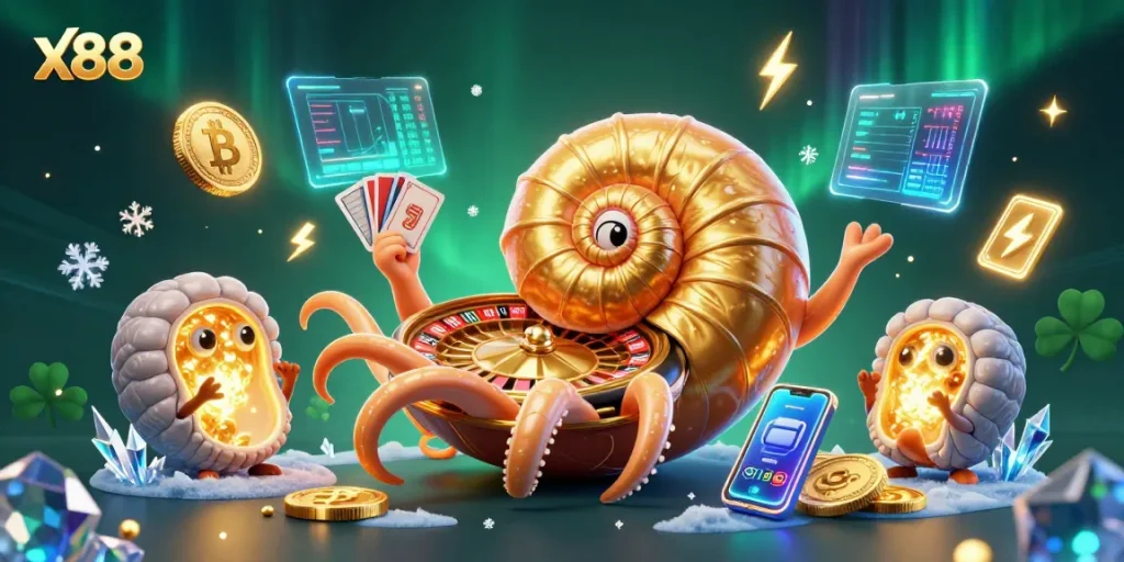 Experience thrilling winnings at x88 casino with an ancient nautilus turning to roulette.