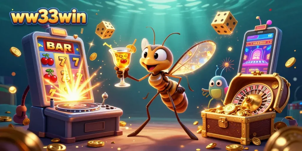 Experience the thrill of gambling with ww33win's vibrant 3D casino illustration showcasing jackpots and games.