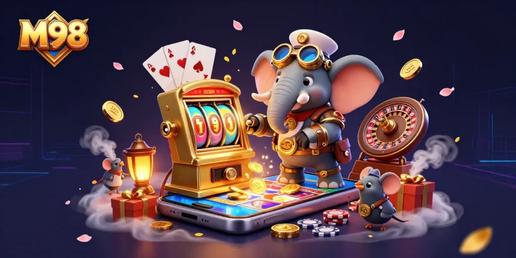 M98 immersive casino scene with a steampunk elephant operating a slot machine, showcasing dynamic gaming elements.