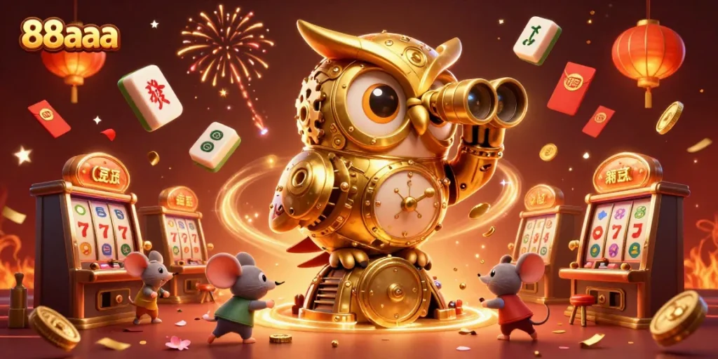 Immerse in the excitement of 88aaa as cartoon owls and mice explore a vibrant casino floor filled with slot machines.
