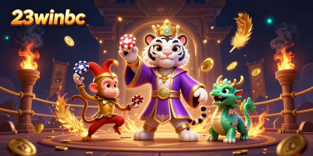 Engage in exciting gaming experiences at 23winbc with a vibrant illustration showcasing a tiger, monkey, and dragon.