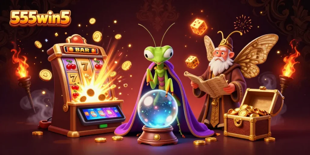 Engage with 555win5's vibrant casino world through mystical characters and dynamic game elements.