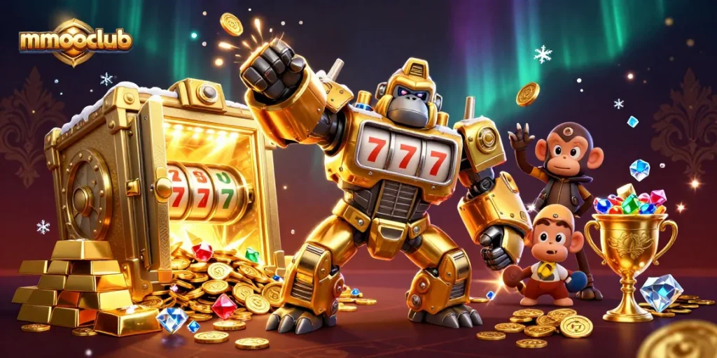 Engage with thrilling gameplay at mmooclub, featuring a golden gorilla mech among rich casino elements.