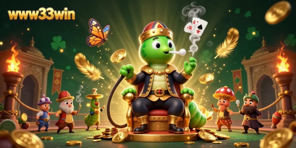Experience thrilling action with www33win as the caterpillar hookah-master embraces poker symbols in a vibrant gaming scene.