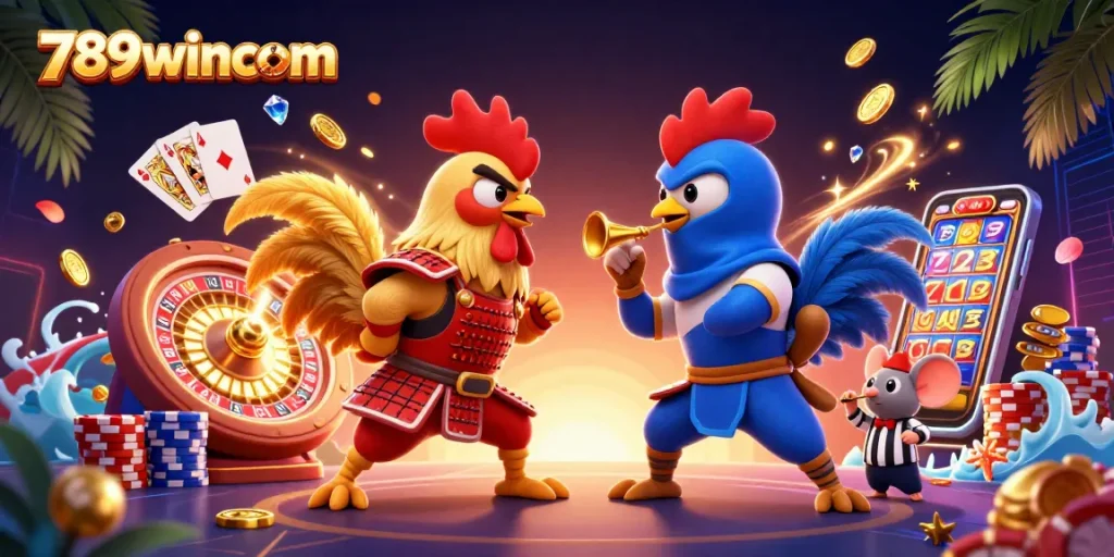 Experience the excitement of 789wincom with dynamic roosters in a thrilling casino showdown.