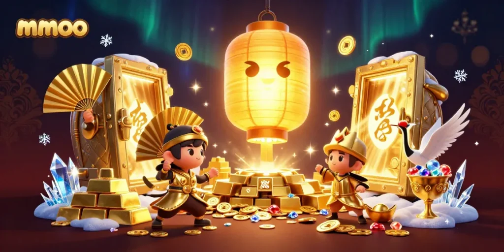 Experience mmoo's vibrant online gaming atmosphere filled with golden fortunes and interactive characters.