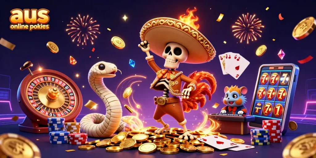 Engage with the thrill of aus online pokies through a joyful 3D casino fiesta illustration.