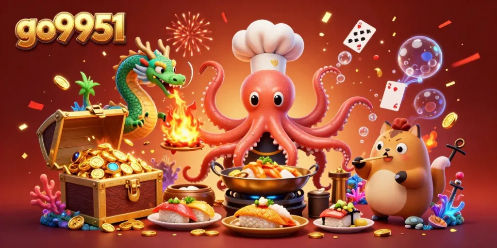 Experience the excitement of go9951 with a vibrant casino-themed illustration featuring a magical octopus chef.