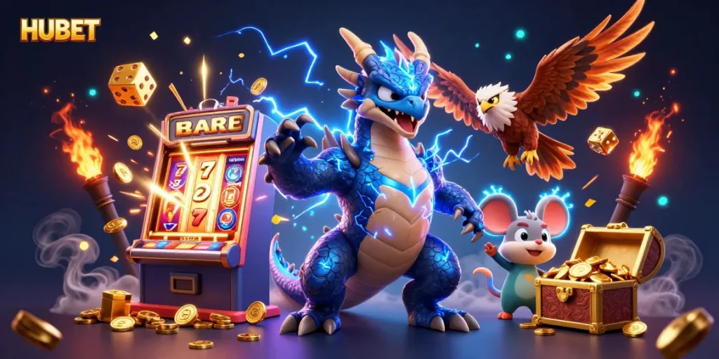 Experience exciting gameplay at HUBET with a dynamic casino scene featuring thrilling game elements like slots and riches.