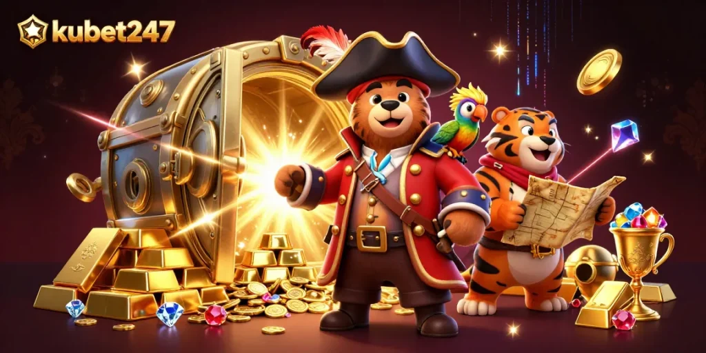Kubet247 pirate adventure scene displaying dynamic characters and a treasure-rich casino environment.