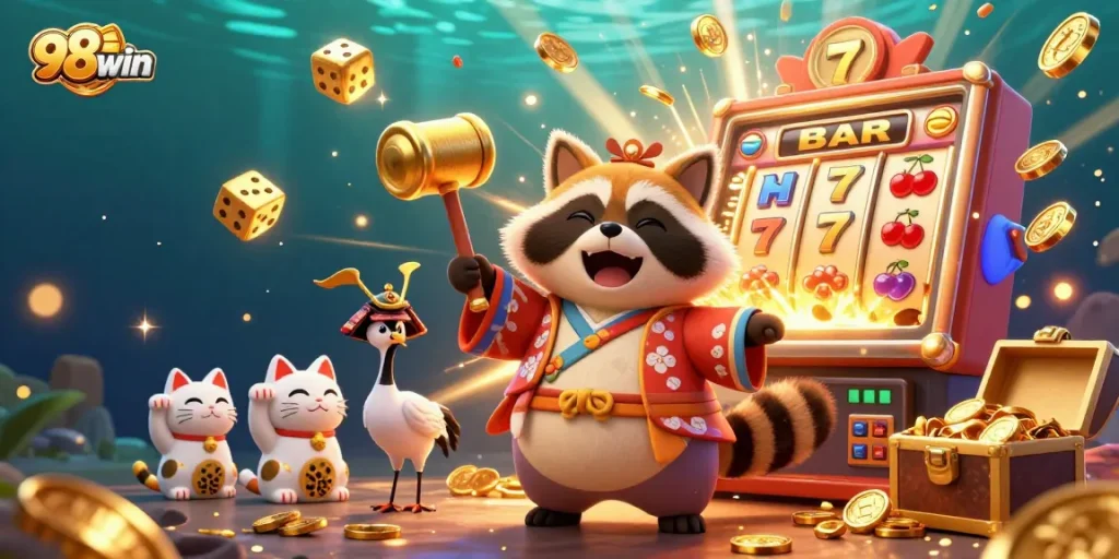 Engage with 98win through a vibrant 3D illustration showcasing gaming excitement with cheerful characters and jackpot thrills.