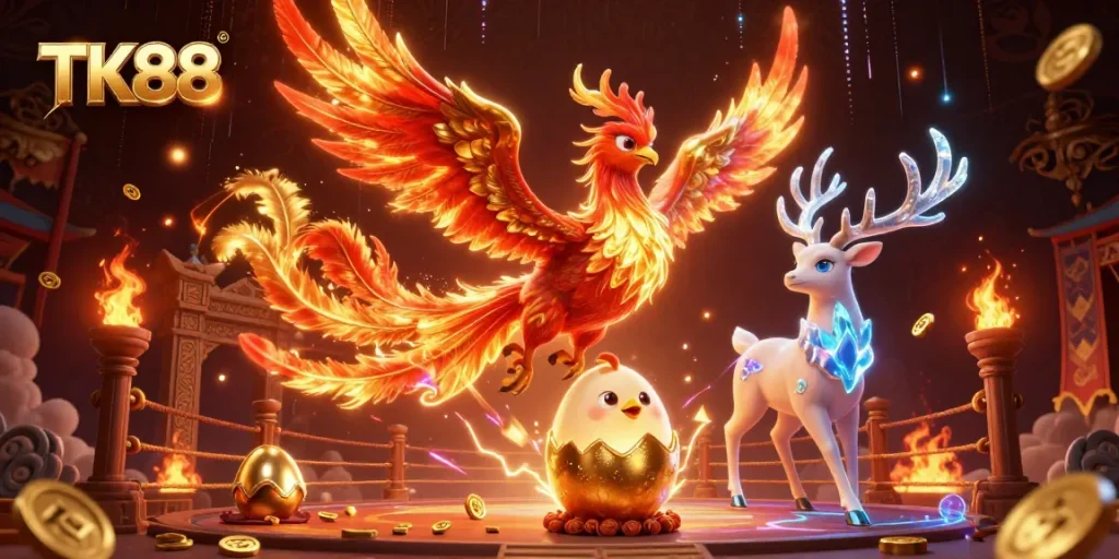 Engage with the exciting world of TK88 through vibrant visuals of a phoenix and mythical stag.