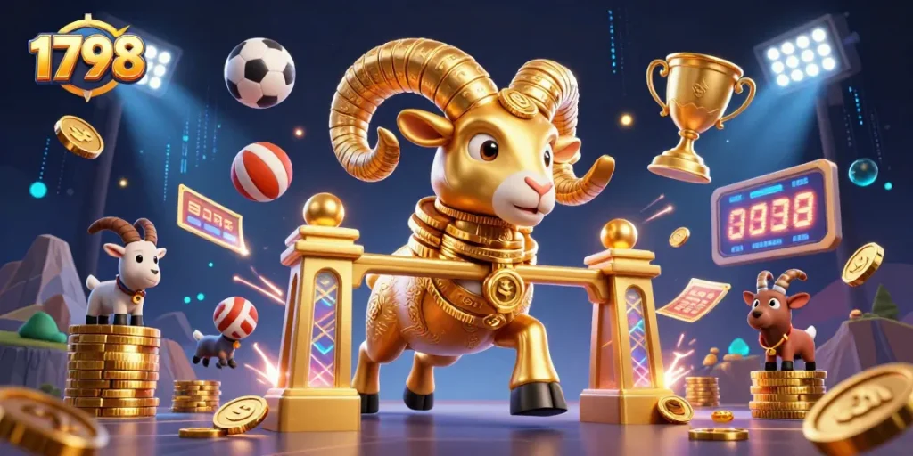 Bet on exciting games at 1798 featuring a charging golden ram and dynamic sports elements.