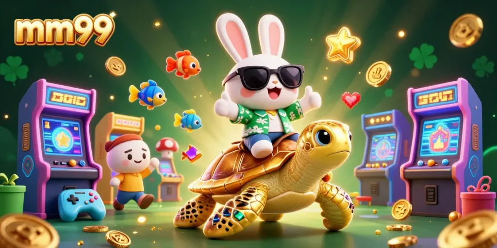 The mm99 casino showcases a lively cartoon scene with a lucky rabbit and sea turtle, embodying gaming excitement.
