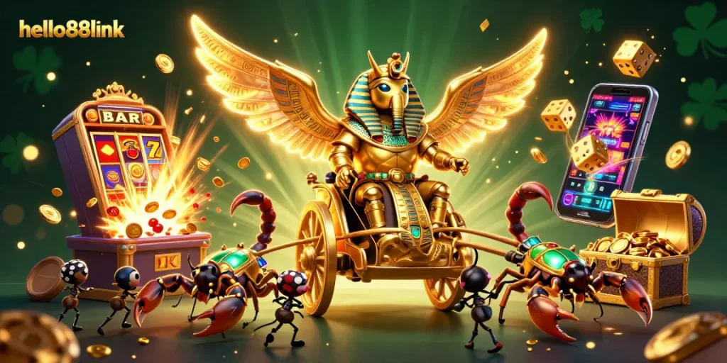 Experience dynamic gaming with hello88link featuring a golden scarab beetle, slot machines, and vibrant casino elements.