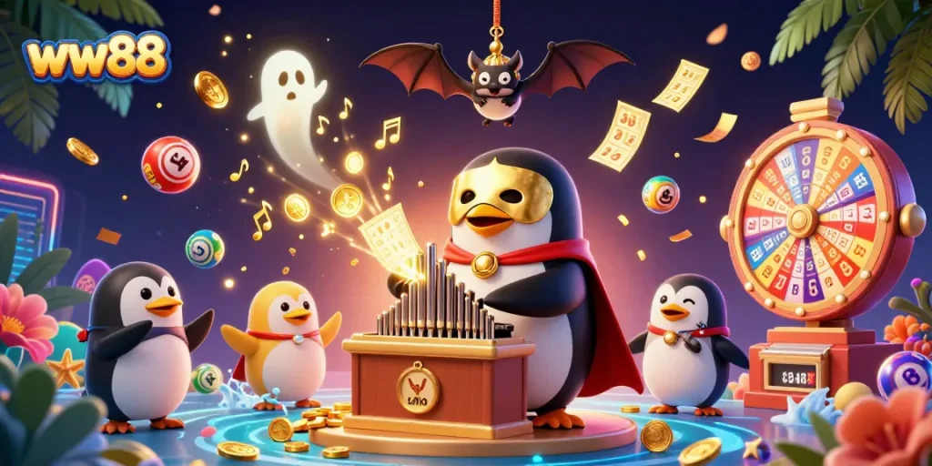 Win at ww88 with a vibrant 3D casino illustration showcasing a penguin playing an organ shooting gold coins.