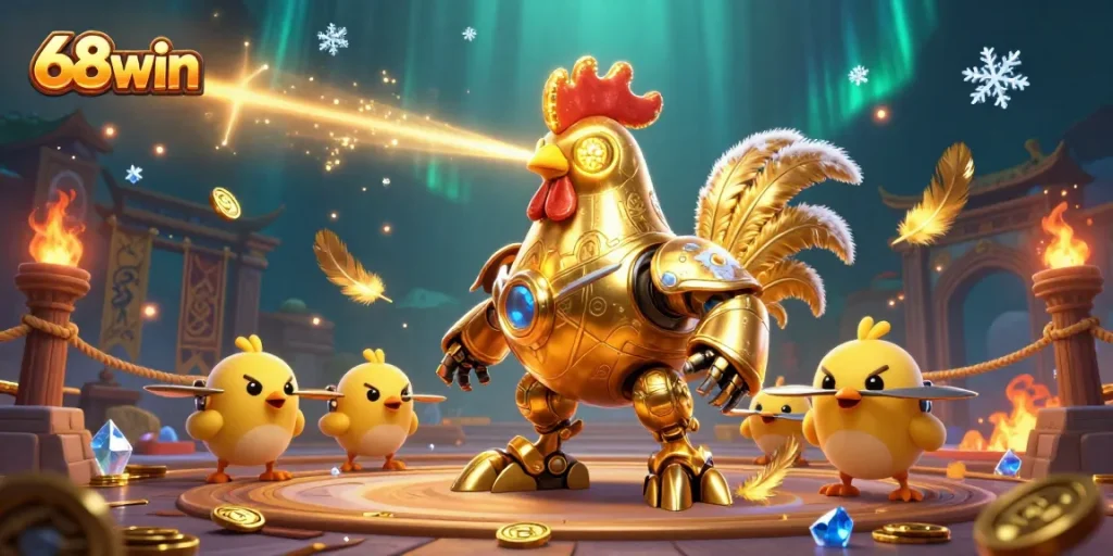 Engage with the dynamic scene of 68win featuring a golden rooster robot amidst casino elements.