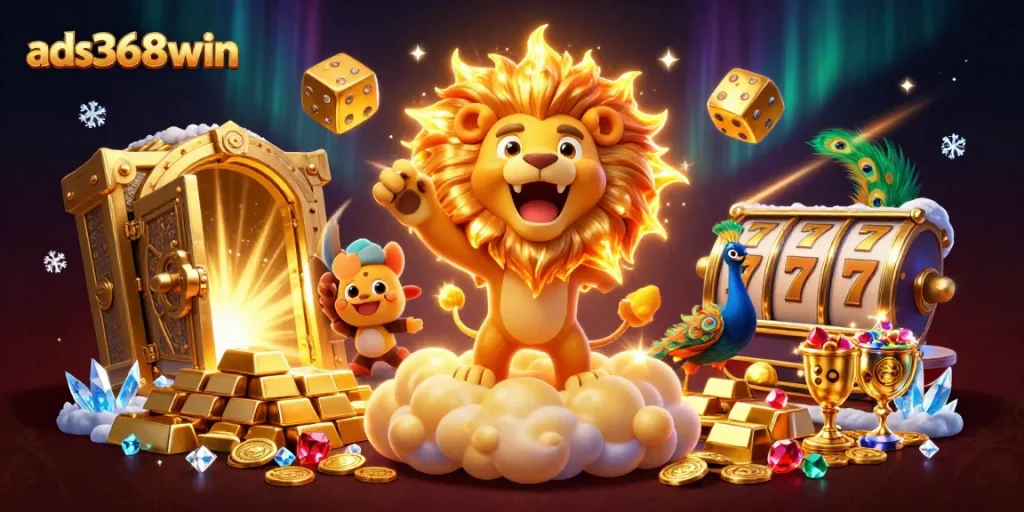 Experience thrilling games with ads368win, featuring 3D illustrations of a lion and golden dice in a rich casino environment.
