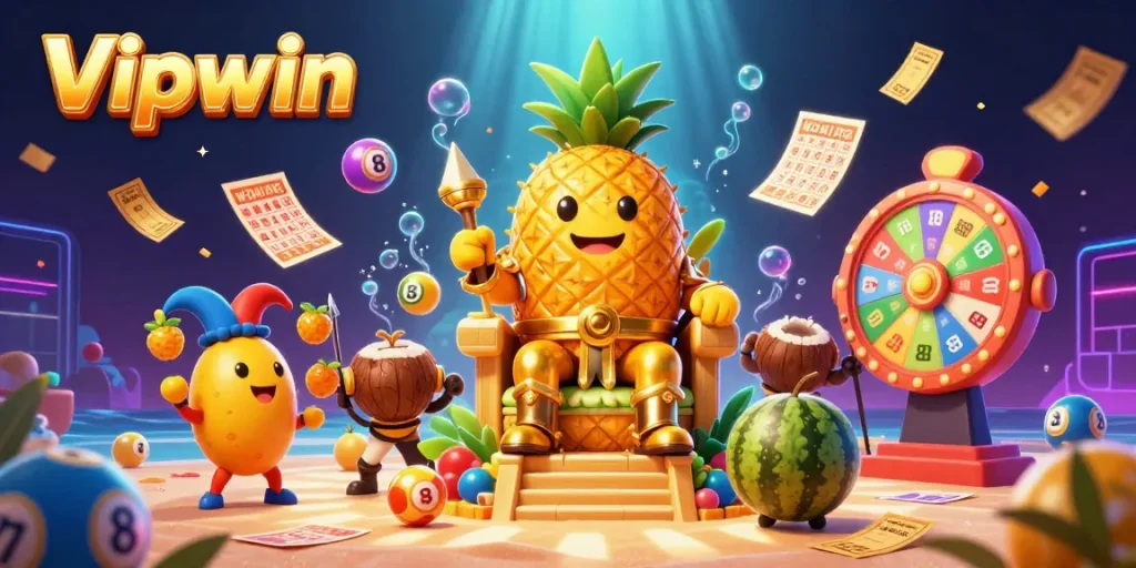 Experience the vibrant Vipwin casino environment with the golden pineapple king and dynamic lottery elements.