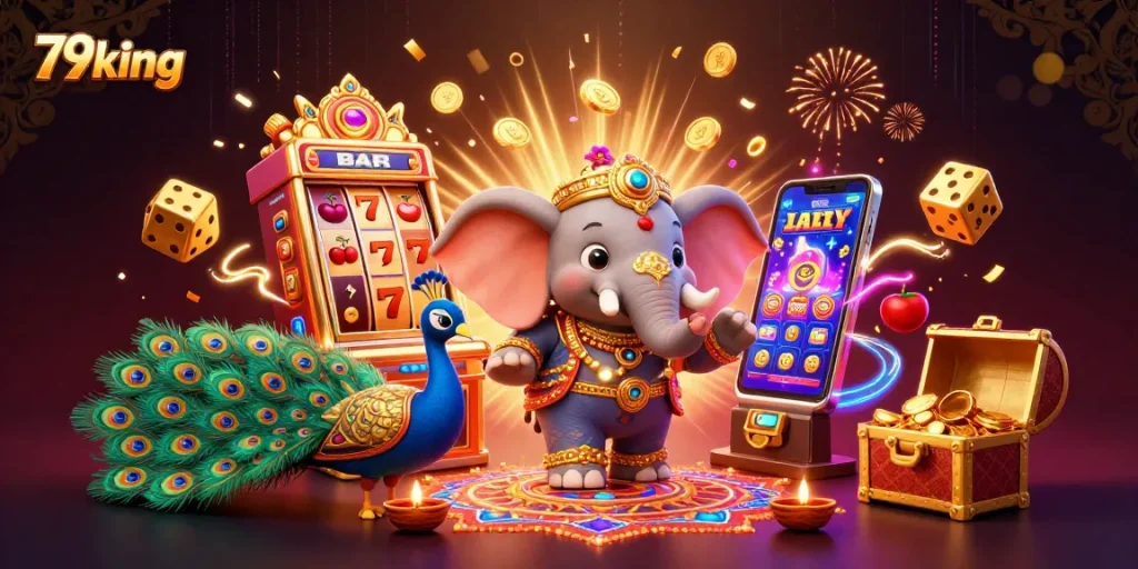 Win big with 79king in this vibrant illustration showcasing exciting slot games and dynamic casino elements.