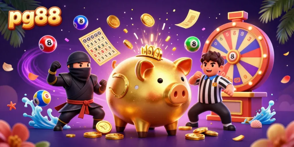 Engage in thrilling gameplay with pg88's dynamic characters and vibrant elements in a vibrant casino atmosphere.