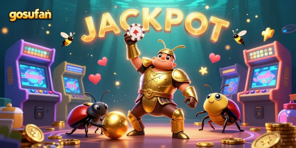 Join the fun at gosufan with a cartoon beetle lifting a poker chip in a vibrant casino game scene.